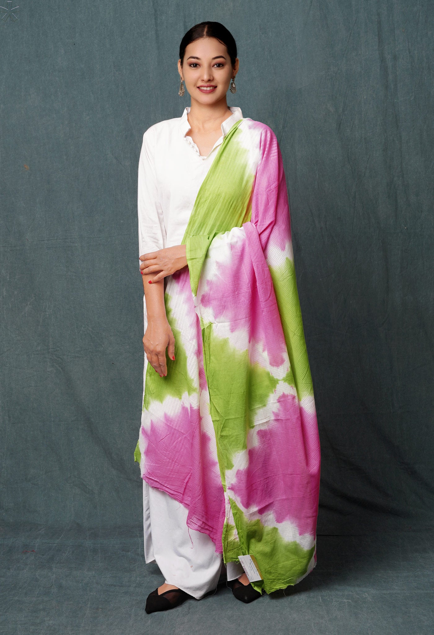 Baby Pink-Green Pure Tie- Dye Shibori Printed Kota Cotton Dupatta-UDS5572