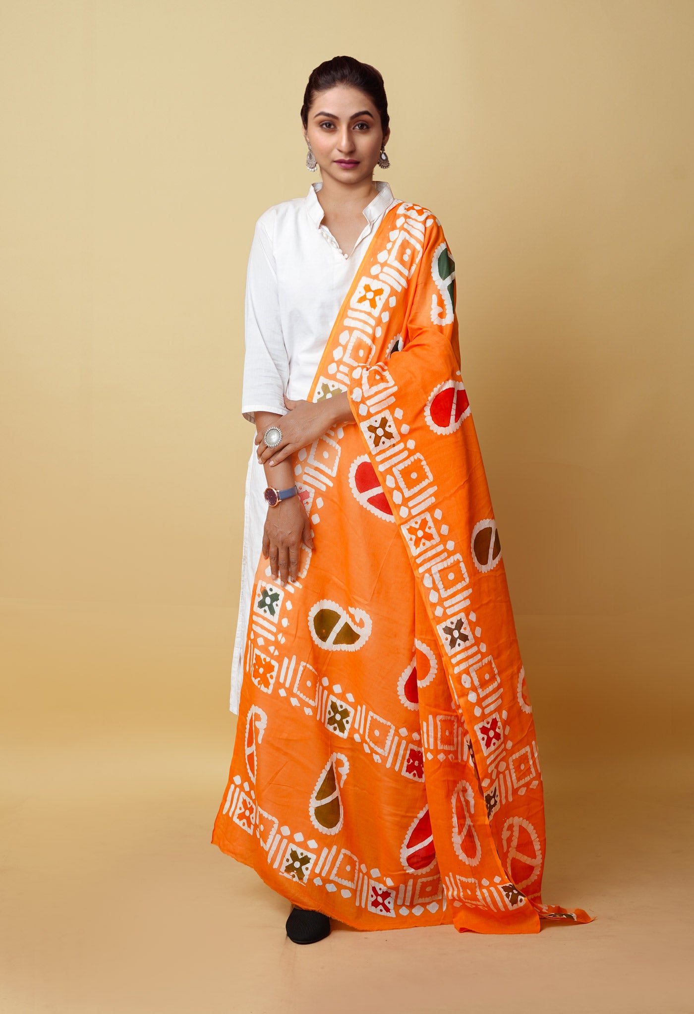 Orange Pure Wax Batik Printed Superfine Mulmul Cotton Dupatta