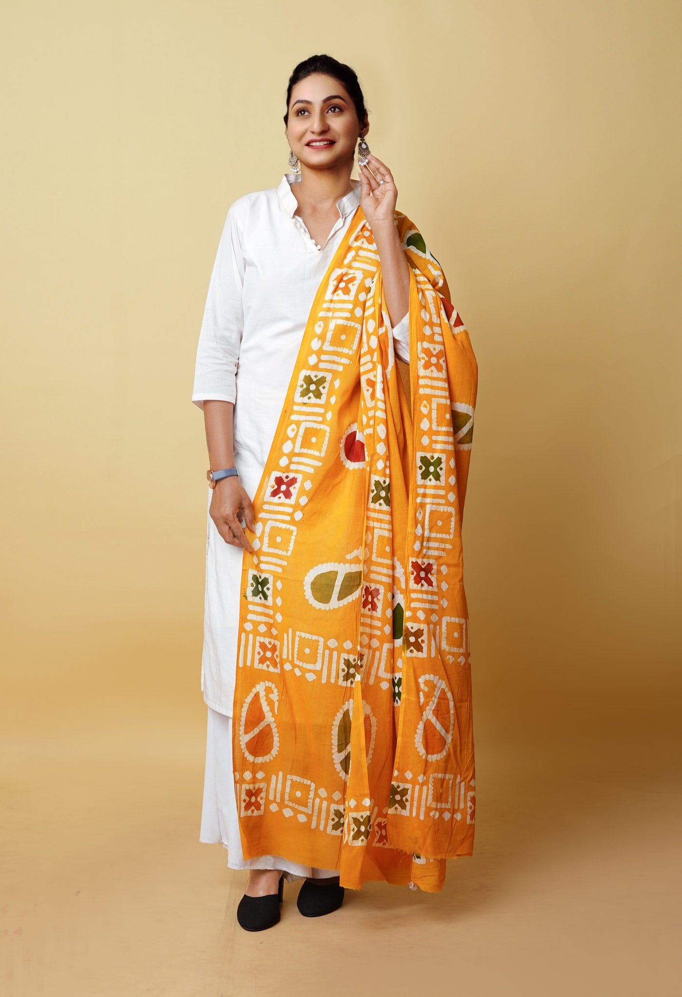 Yellow Pure Wax Batik Printed Superfine Mulmul Cotton Dupatta