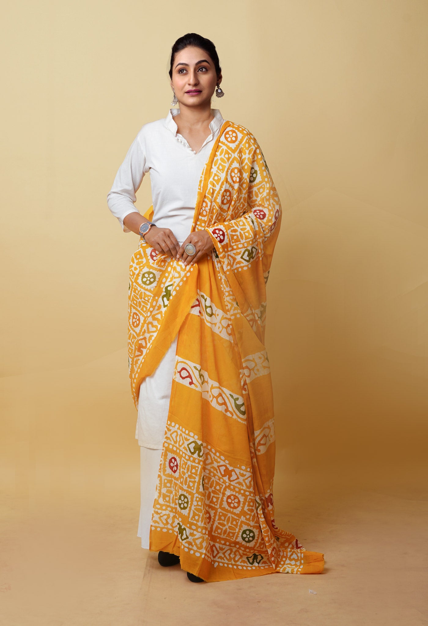 Yellow Pure Wax Batik Printed Superfine Mulmul Cotton Dupatta-UDS5711