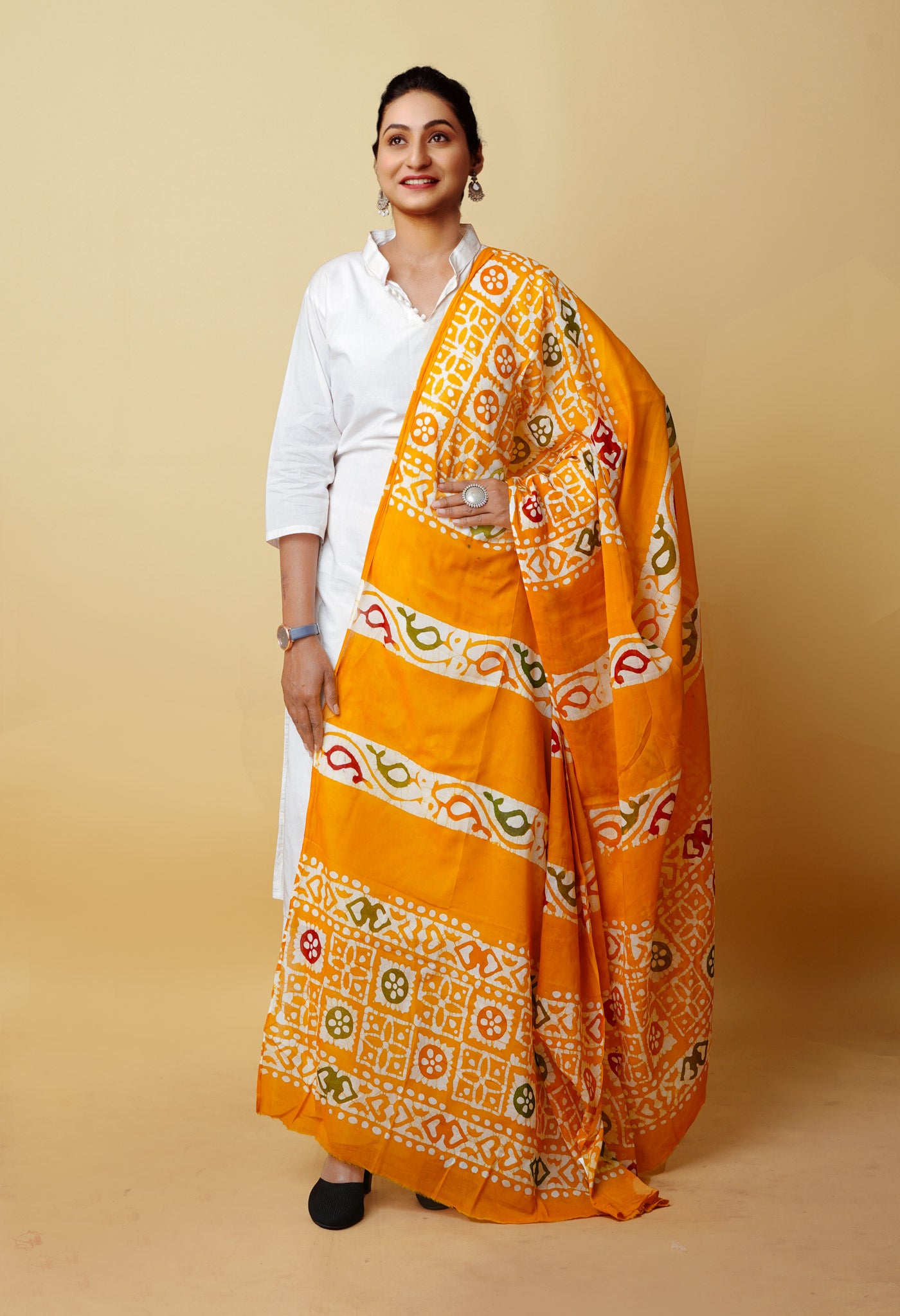 Yellow Pure Wax Batik Printed Superfine Mulmul Cotton Dupatta-UDS5711