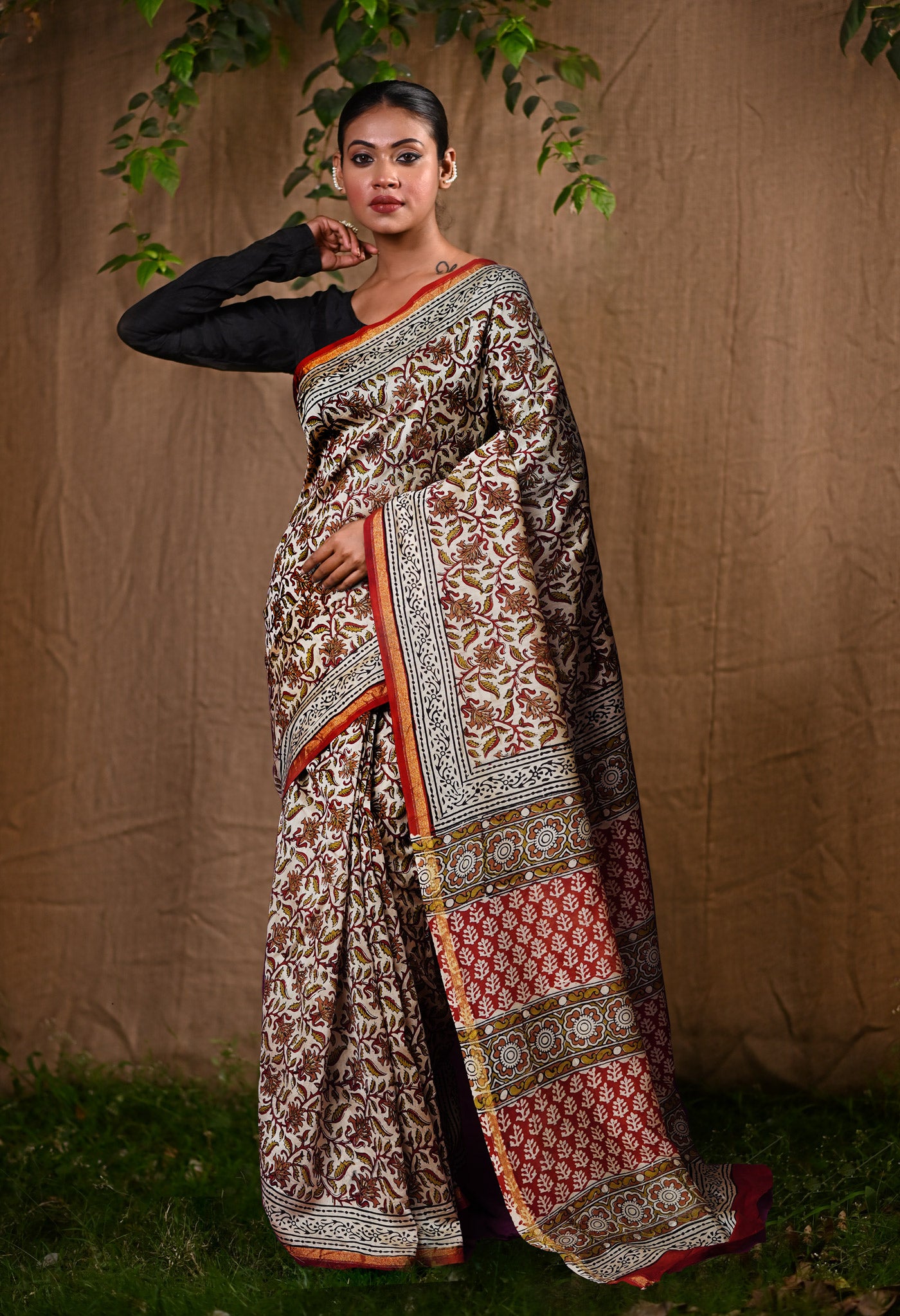Cream Pure Bagru Kalamkari Printed Chanderi Sico Saree-UNM82646