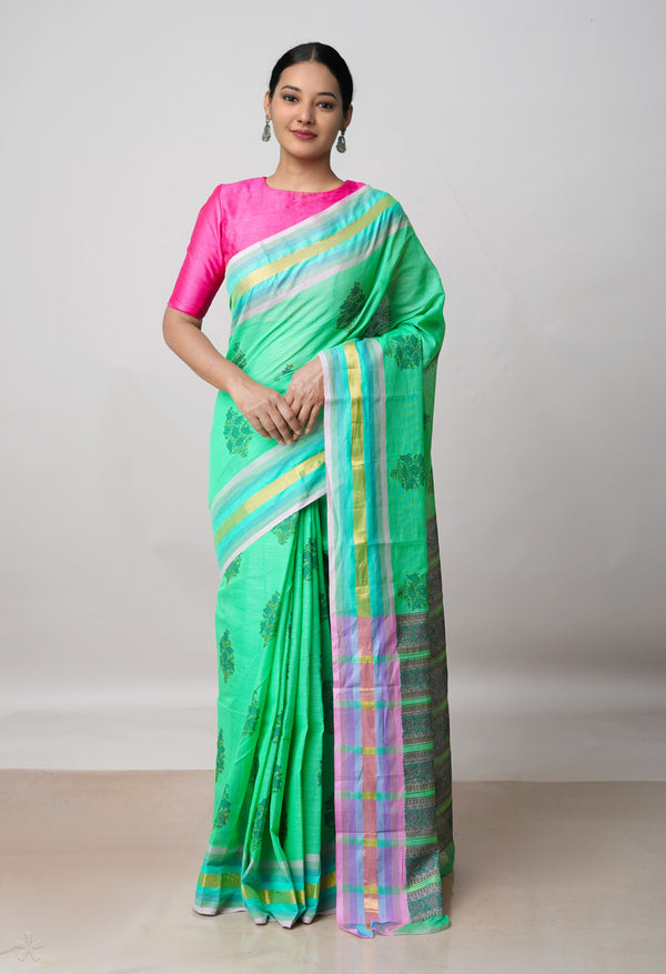 Green Pure Hand Block Printed Mangalagiri Cotton Saree-UNM42235