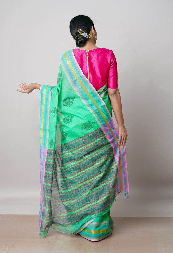 Green Pure Hand Block Printed Mangalagiri Cotton Saree-UNM42235