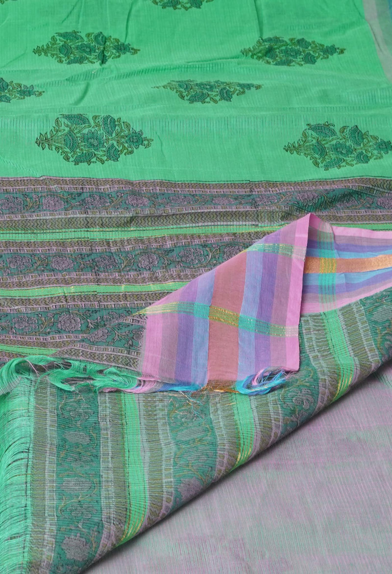 Green Pure Hand Block Printed Mangalagiri Cotton Saree-UNM42235