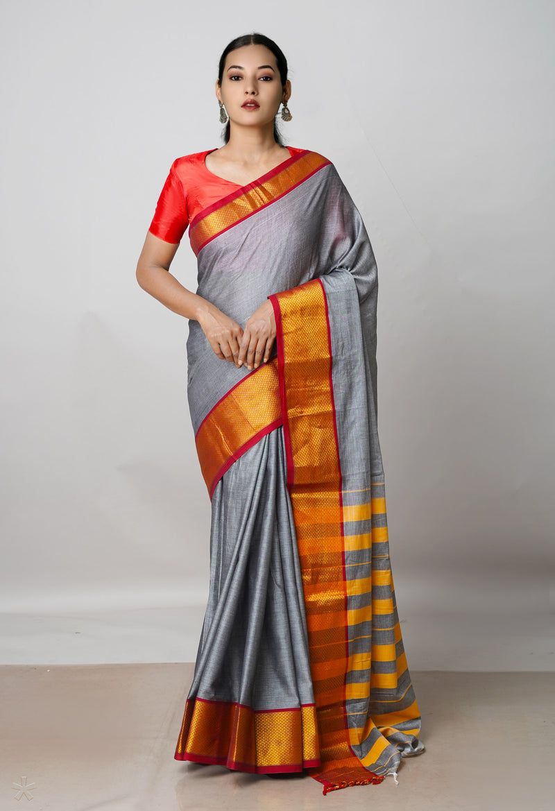 Grey Pure Handloom Narayanpet Cotton Saree-UNM46596