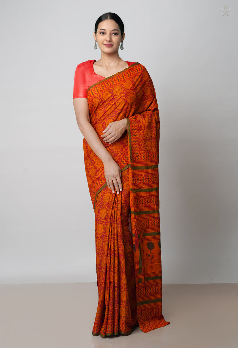 Maroon Pure Hand Block Printed Cotton Saree-UNM53544
