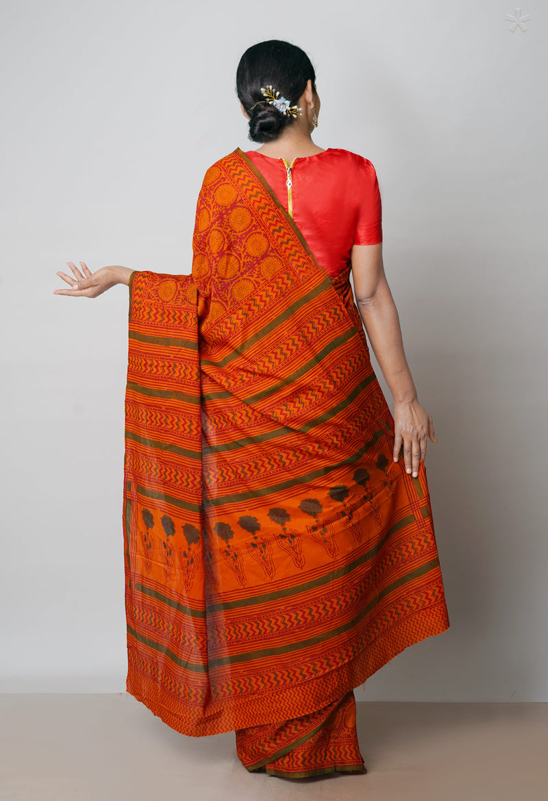 Maroon Pure Hand Block Printed Cotton Saree-UNM53544