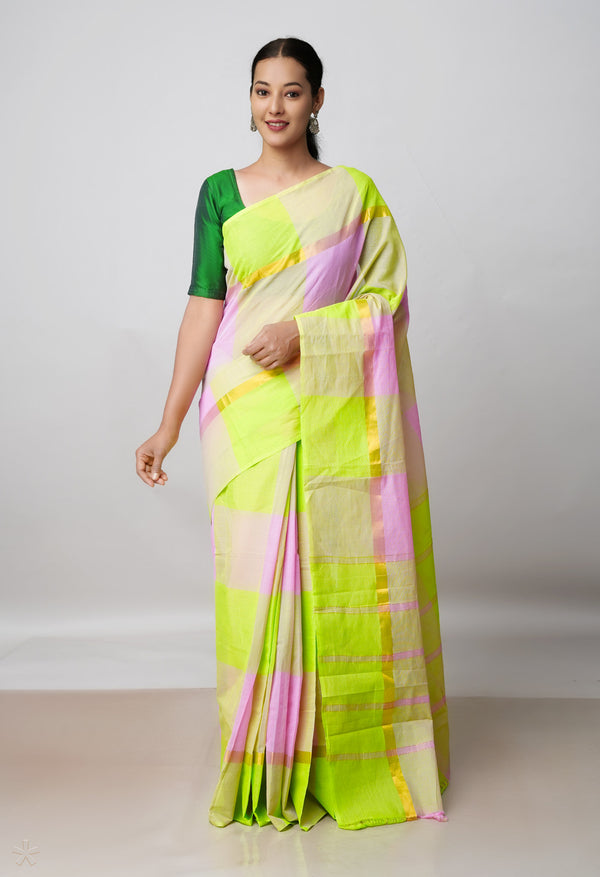 Green-Pink Pure Pavani Mangalagiri Cotton Saree-UNM54171