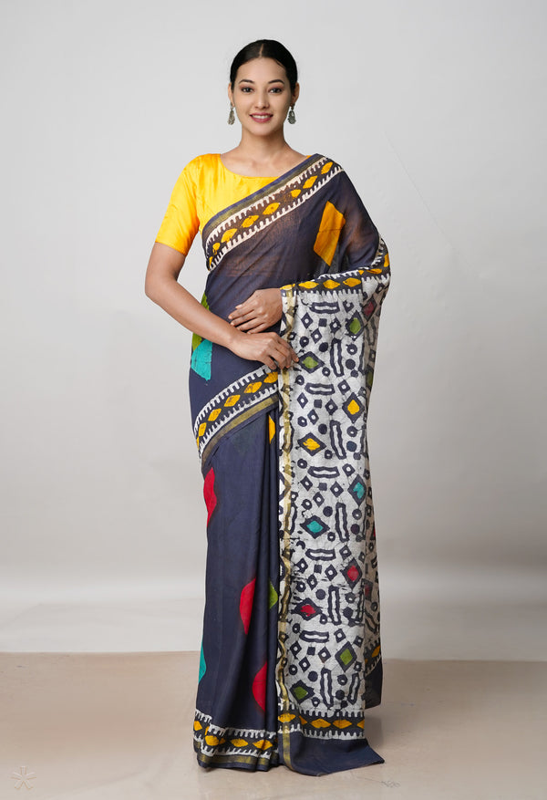 Black Pure Batik Chanderi Sico Saree-UNM55742