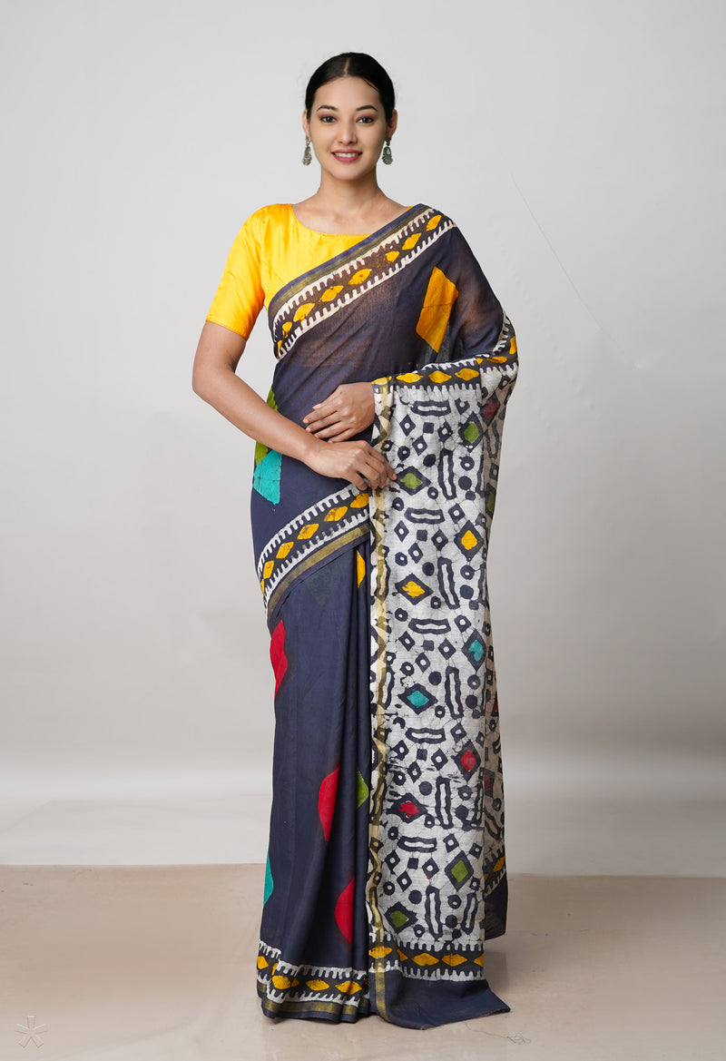 Black Pure Batik Chanderi Sico Saree-UNM55742