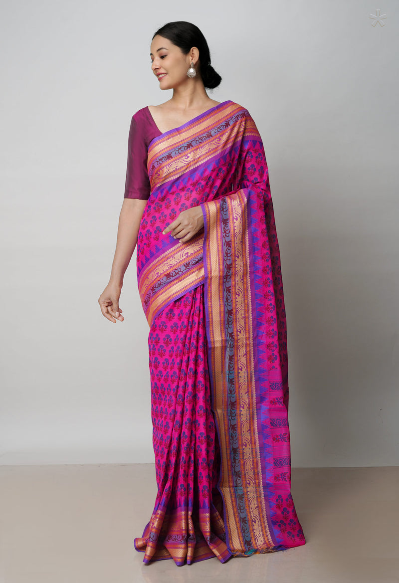 Pink  Block Printed Kanchi Cotton Saree-UNM63290