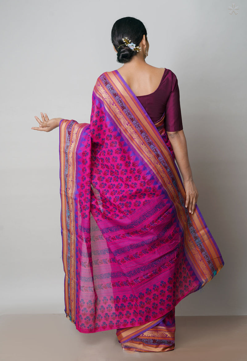 Pink  Block Printed Kanchi Cotton Saree-UNM63290