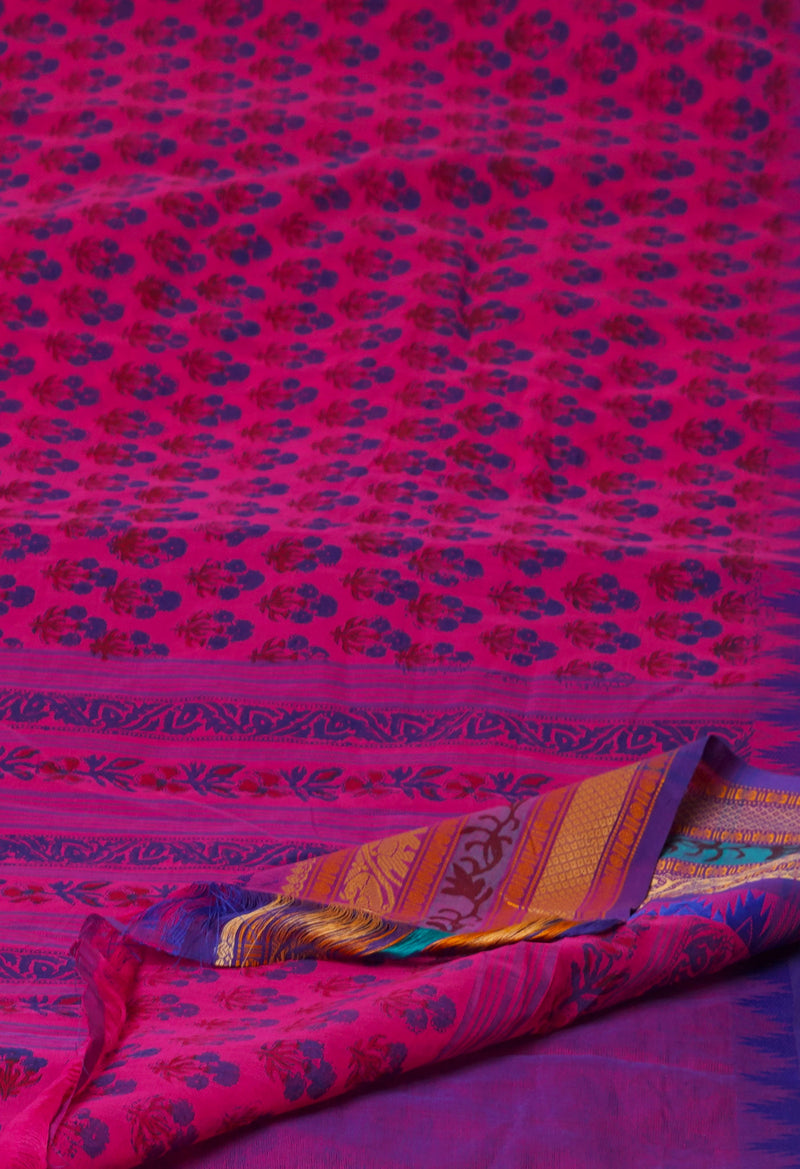 Pink  Block Printed Kanchi Cotton Saree-UNM63290