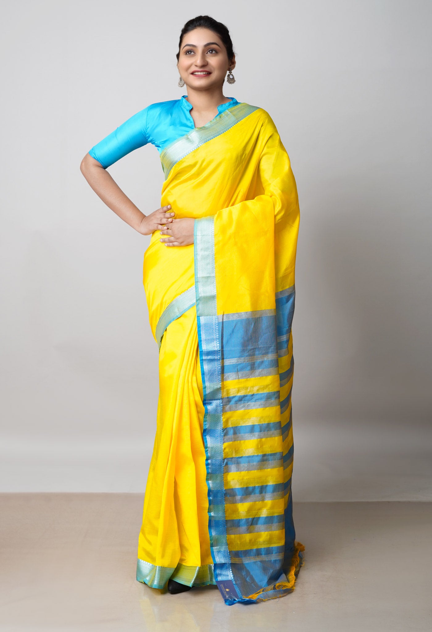 Yellow Pure Handloom Mangalgiri Pattu Silk Saree-UNM63713