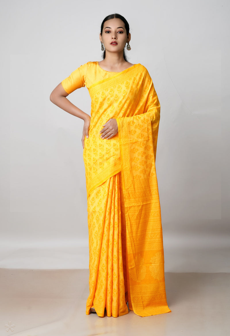 Yellow Pure Block Printed Superfine Mulmul Cotton Saree-UNM64481