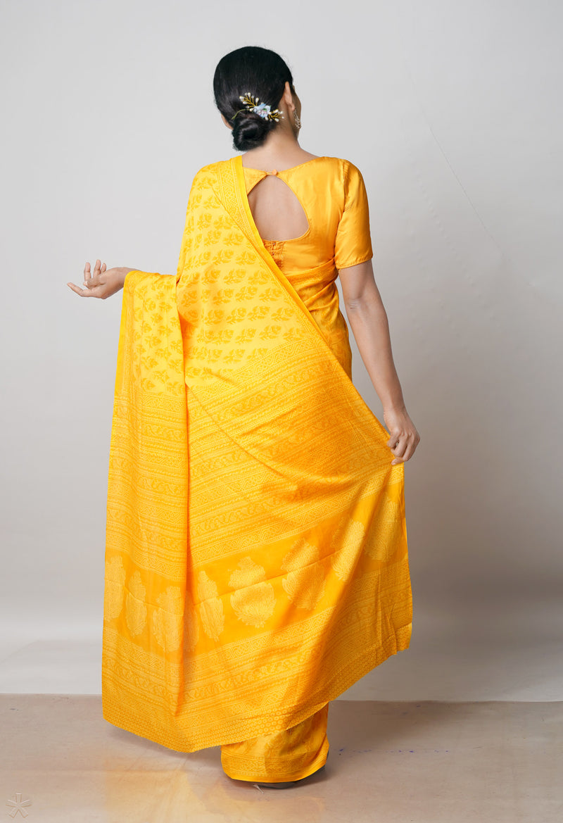 Yellow Pure Block Printed Superfine Mulmul Cotton Saree-UNM64481