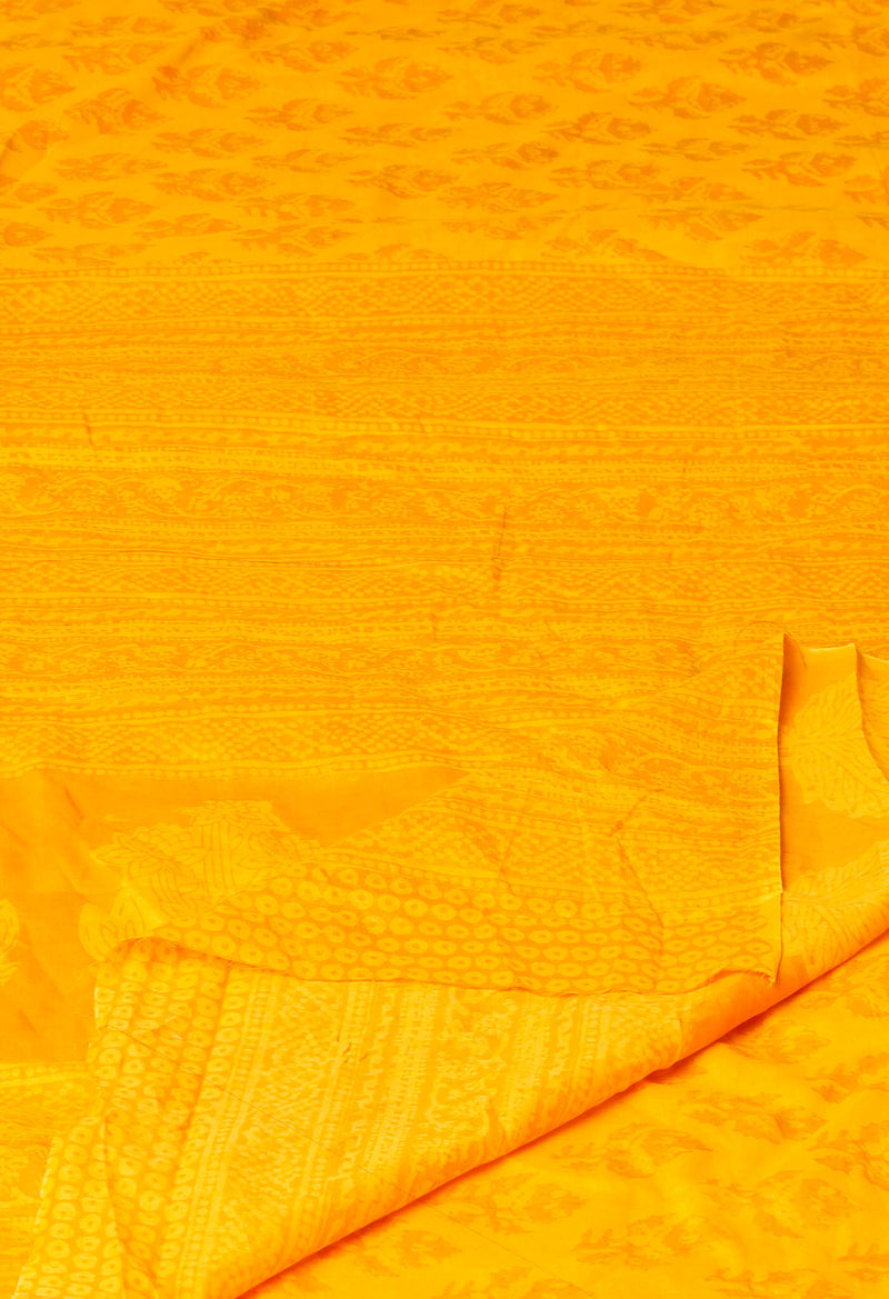 Yellow Pure Block Printed Superfine Mulmul Cotton Saree-UNM64481