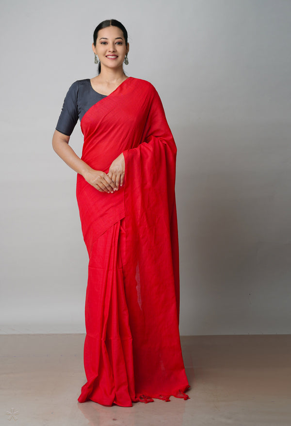 Red Pure Handloom Bengal Linen Saree-UNM64839