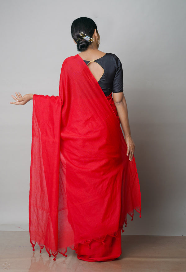 Red Pure Handloom Bengal Linen Saree-UNM64839