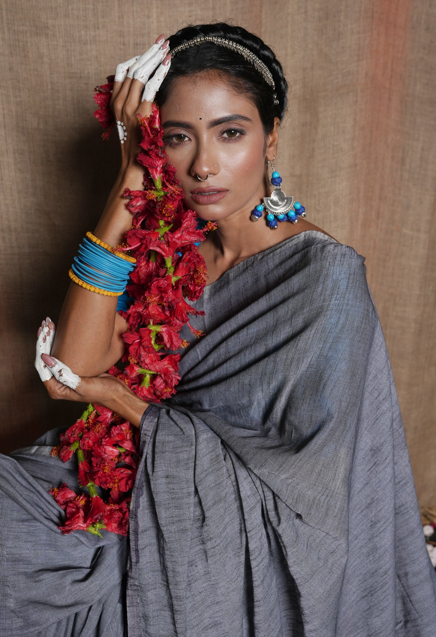 Grey Pure Handloom Bengal Linen Saree With Tassels