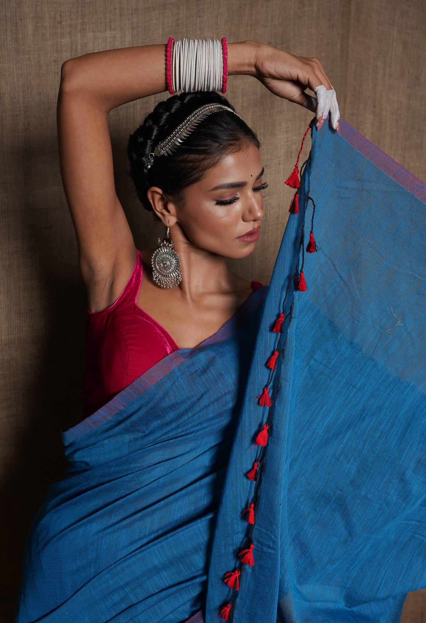 Blue Pure Cotton Linen Saree With Tassels