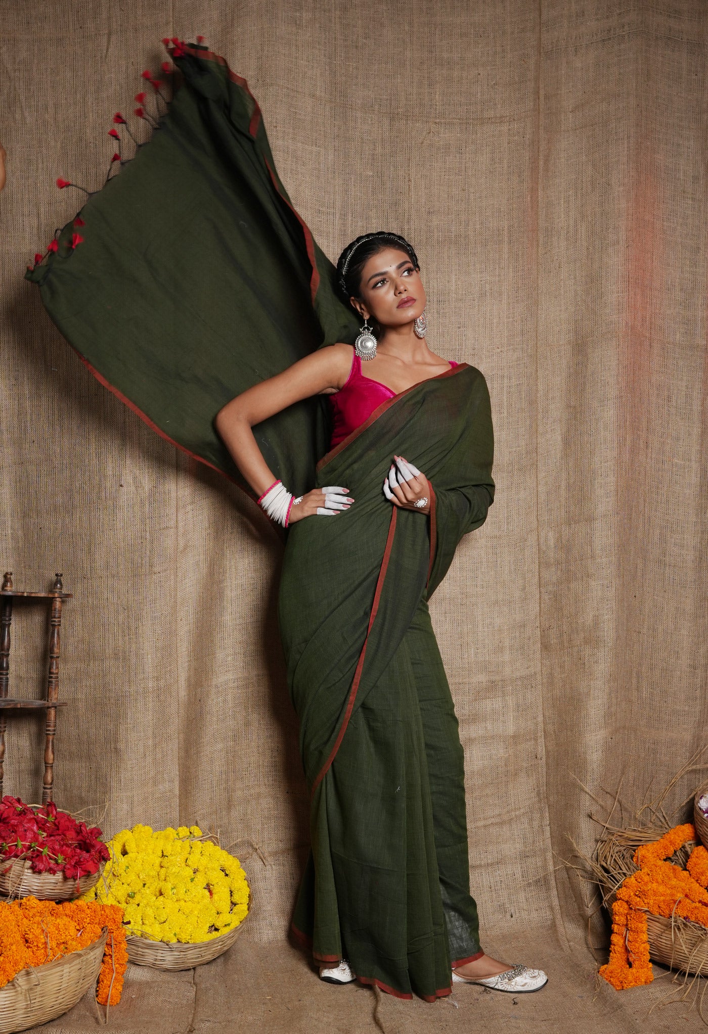 Green Pure Cotton Linen Saree With Tassels