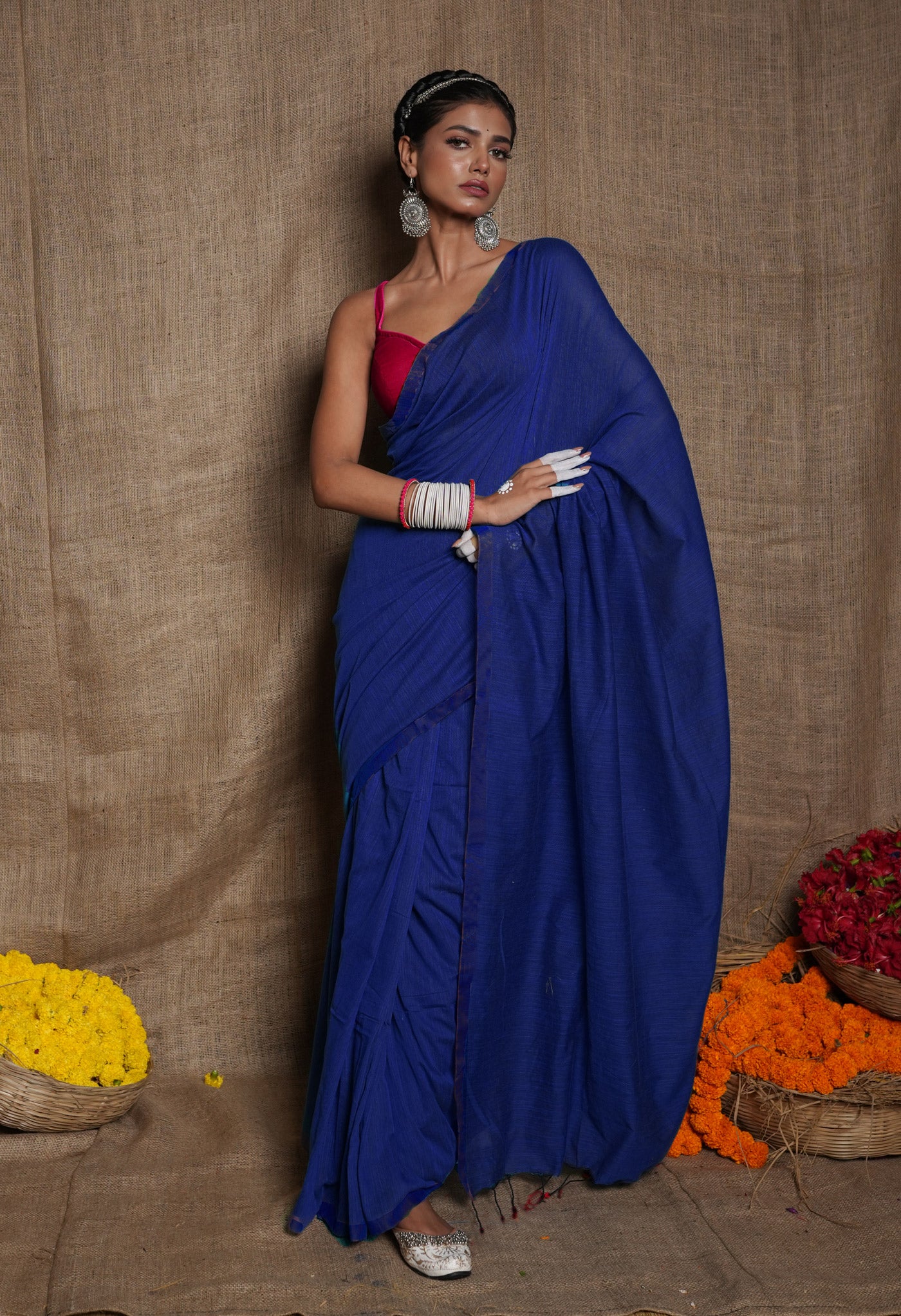 Navy Blue Pure Cotton Linen Saree With Tassels
