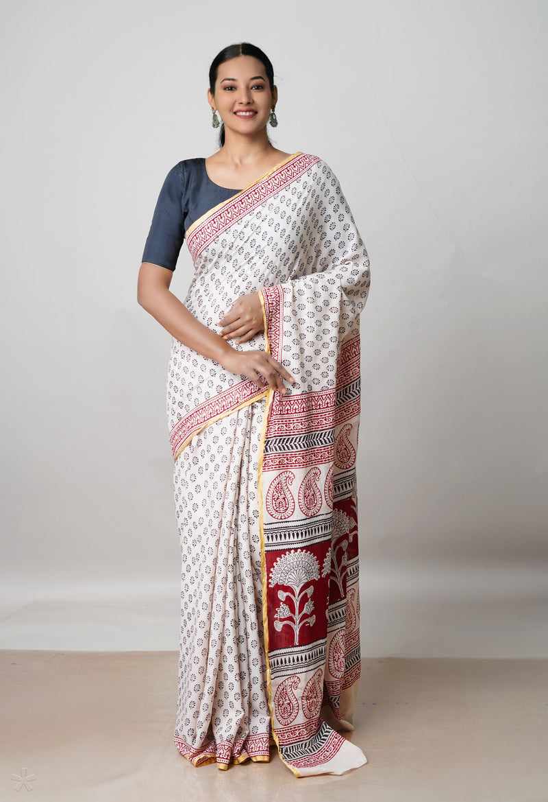 Beige Pure Chanderi Bagh Printed Cotton Saree-UNM65376