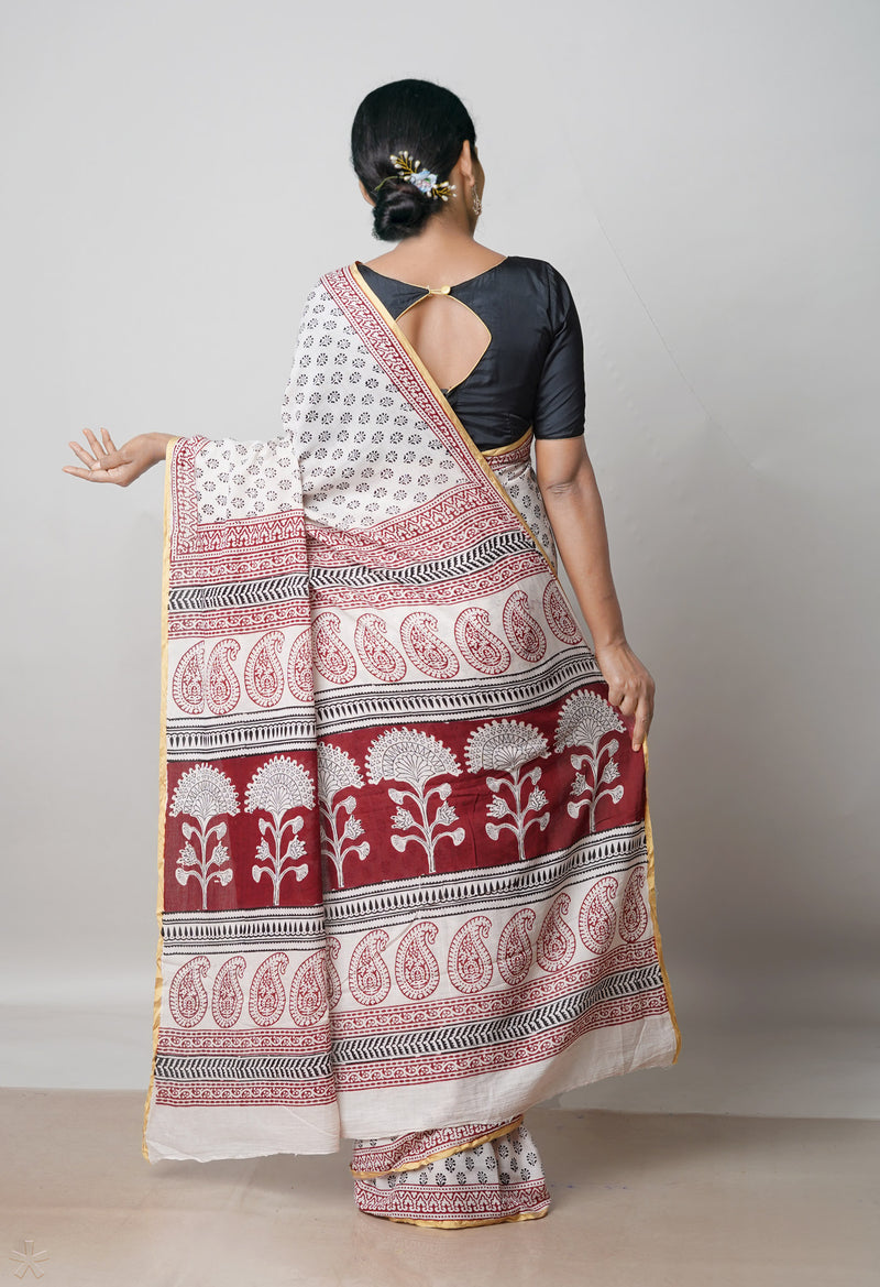 Beige Pure Chanderi Bagh Printed Cotton Saree-UNM65376