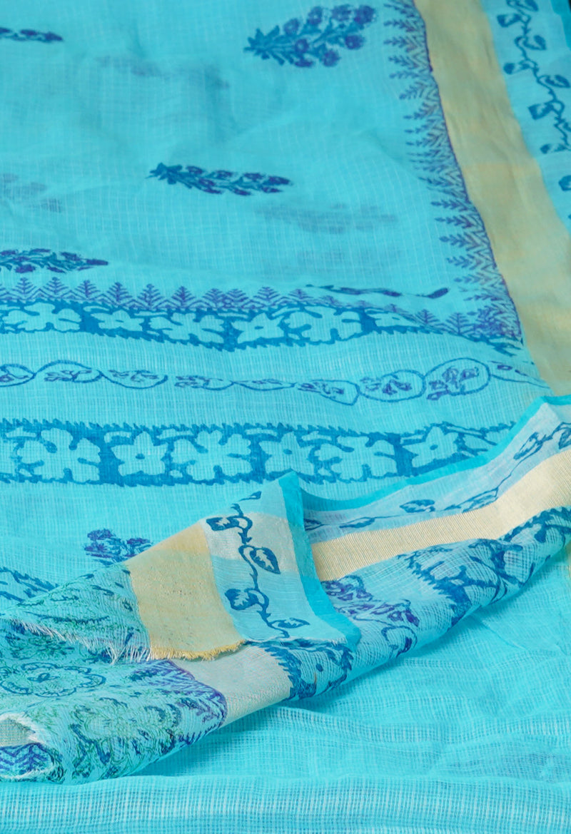Blue Pure Block Printed Kota Cotton Saree-UNM66359