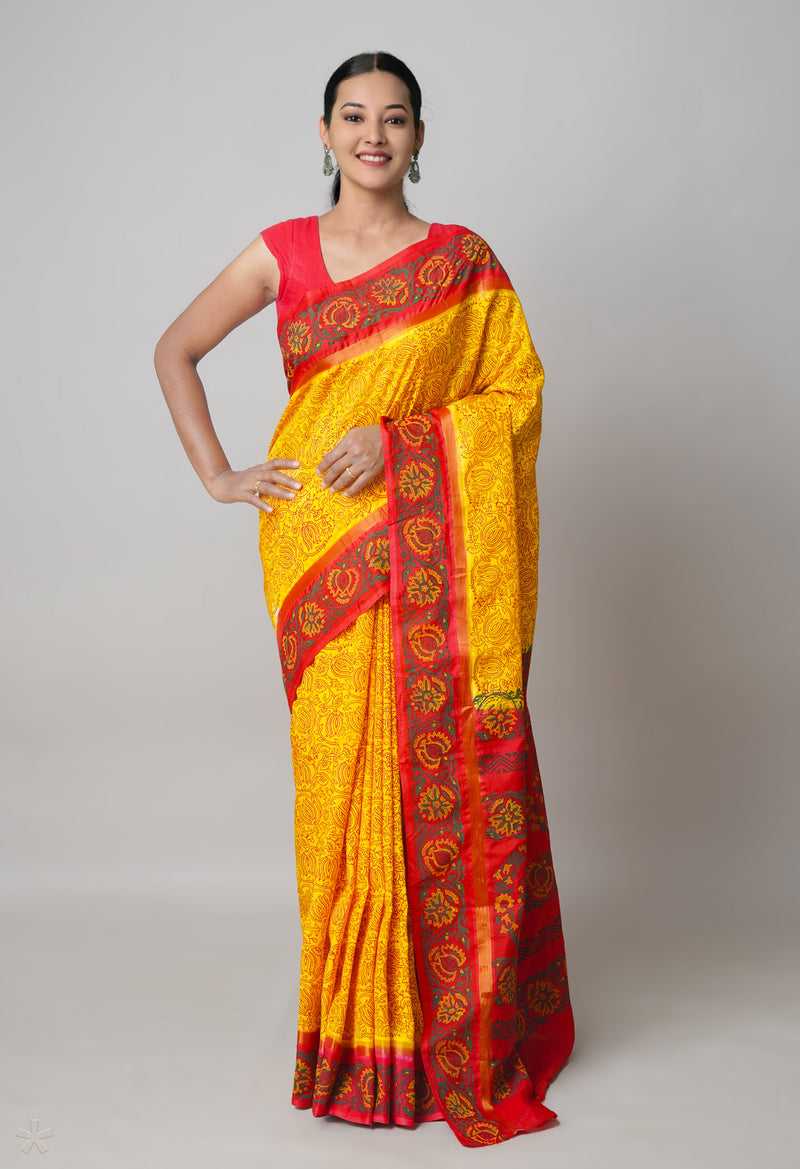 Yellow Dyed Printed Summer Bangalore Soft Silk Saree-UNM67332