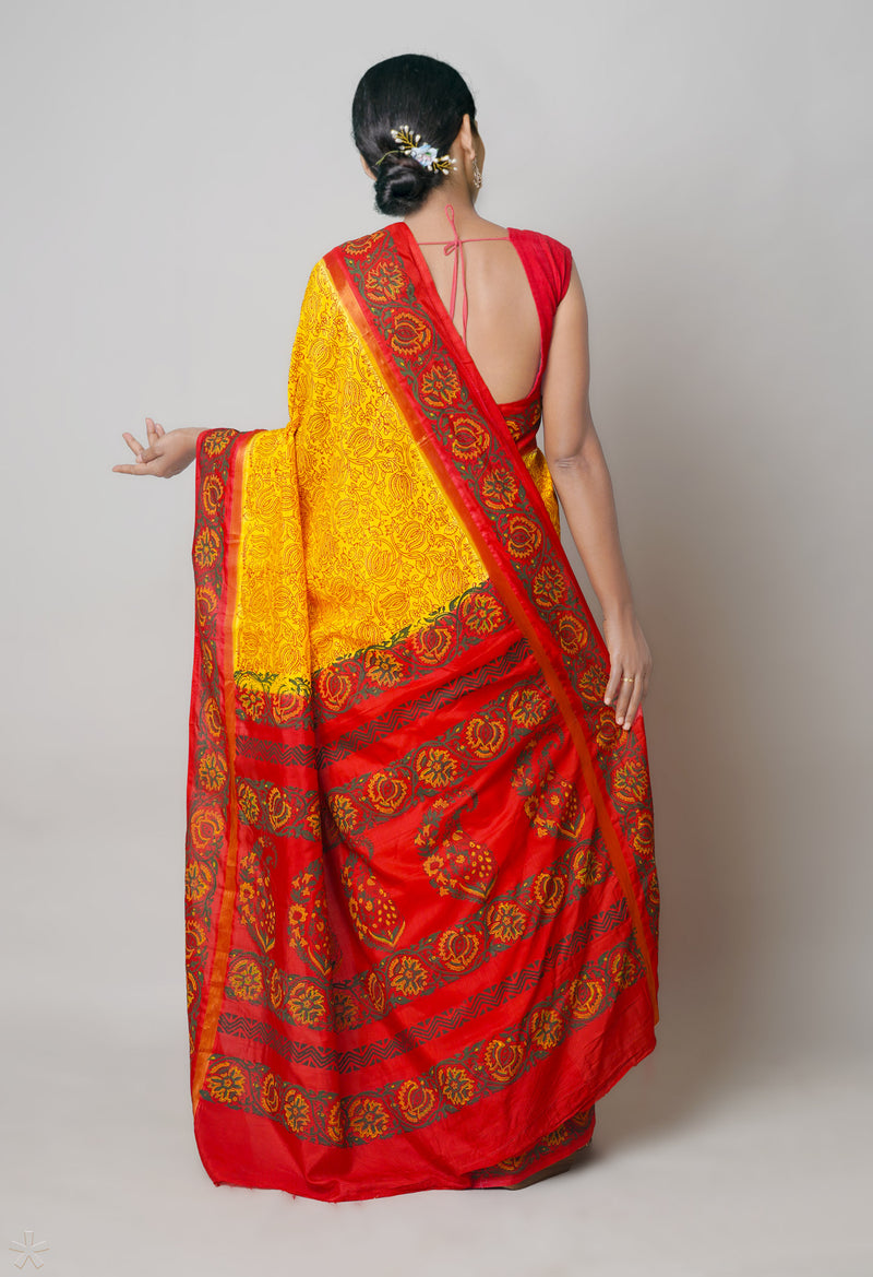 Yellow Dyed Printed Summer Bangalore Soft Silk Saree-UNM67332