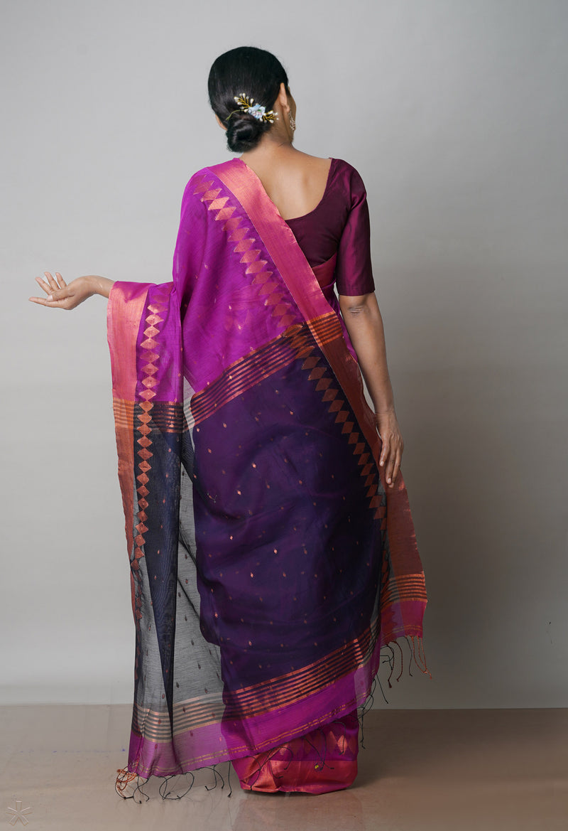 Purple Handloom Jamdhani Bengal Linen Saree-UNM68113