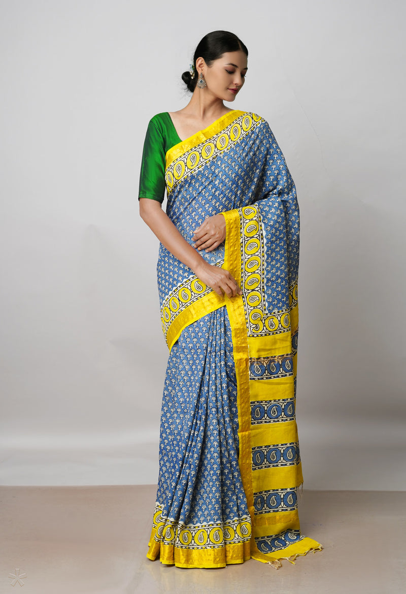 Blue Pure  Preet Bagru Printed Chanderi Soft Silk Saree-UNM70400