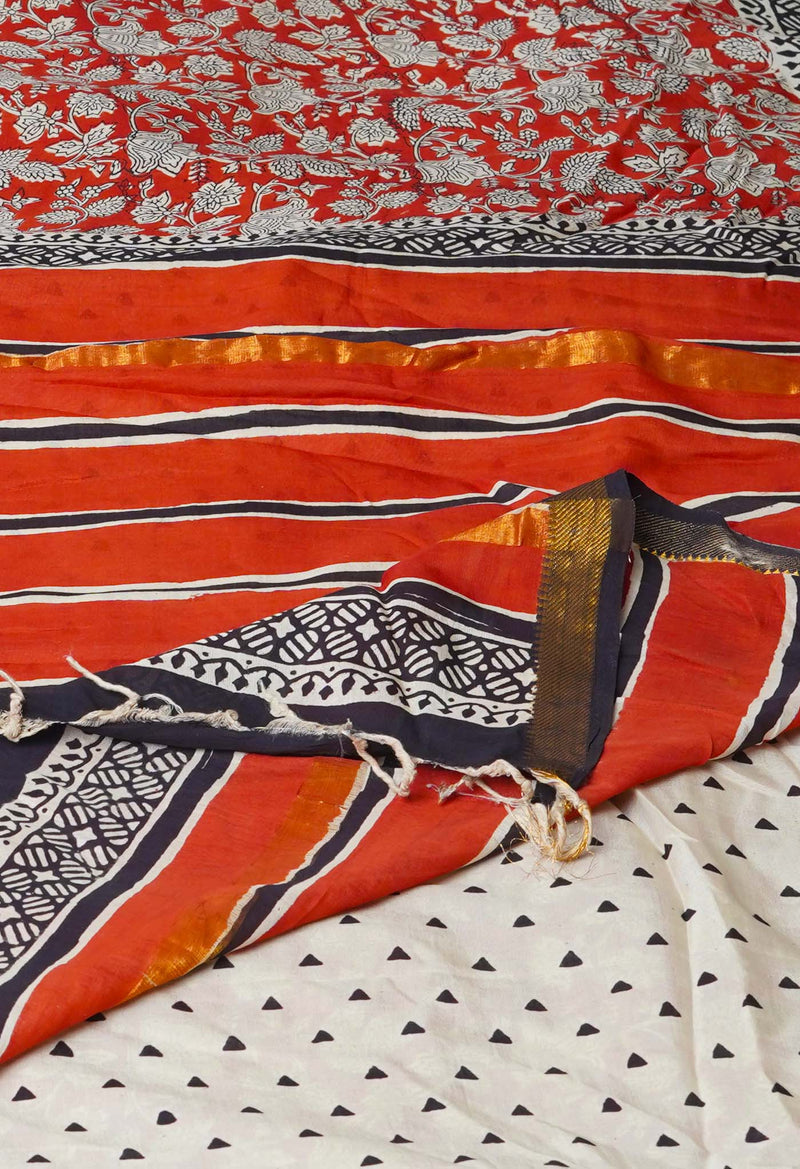 Red Pure  Preet Bagru Printed Chanderi Soft Silk Saree-UNM70404