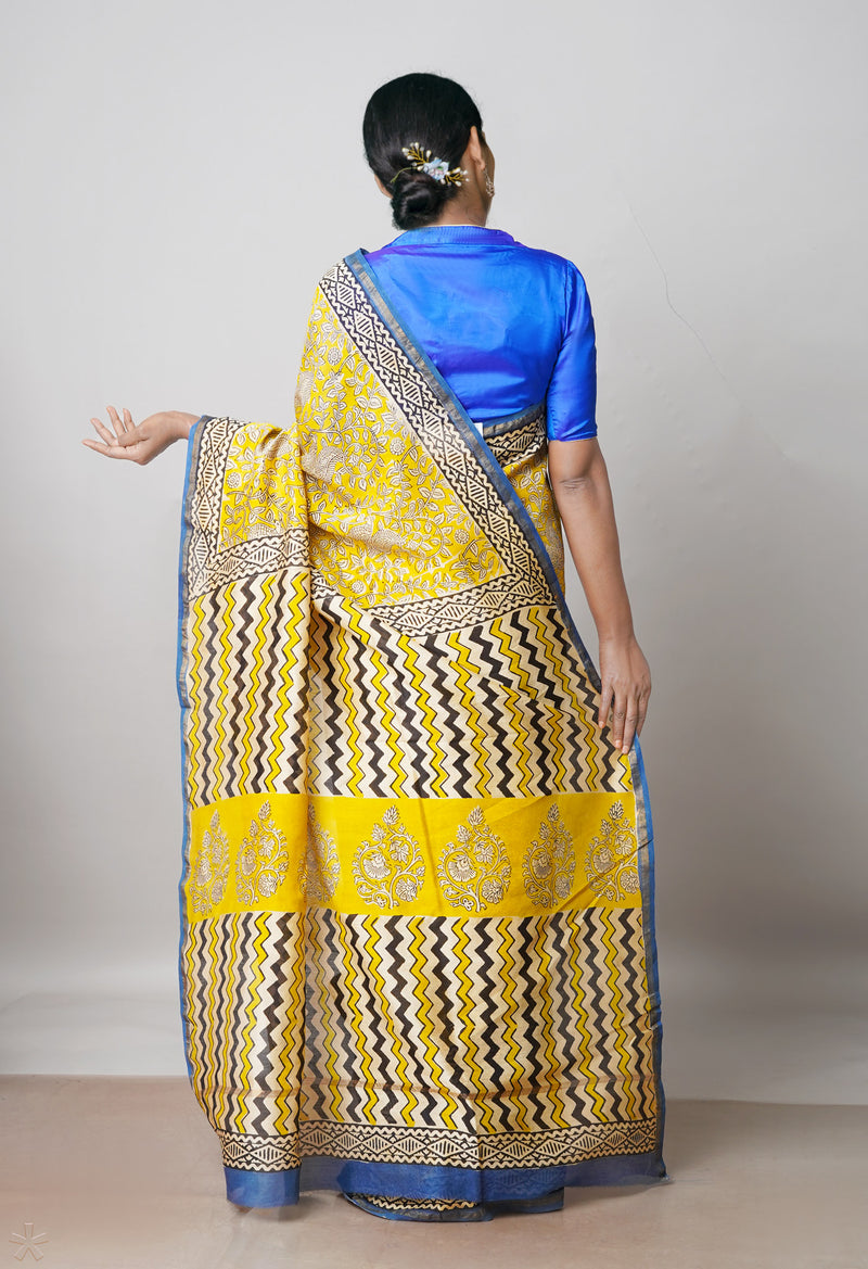 Yellow Pure  Preet Bagru Printed Chanderi Soft Silk Saree-UNM70428