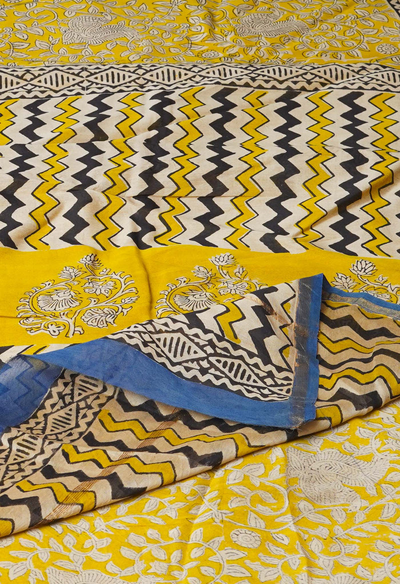 Yellow Pure  Preet Bagru Printed Chanderi Soft Silk Saree-UNM70428
