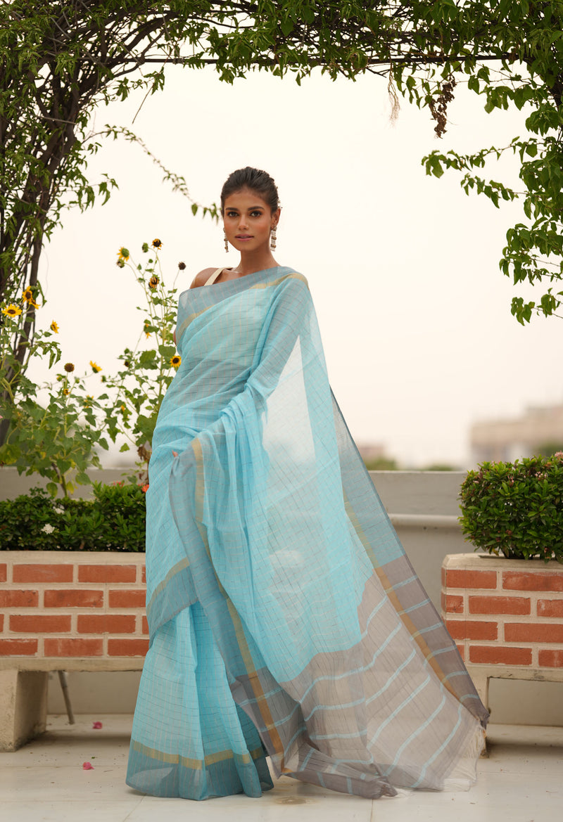 Blue Pure Handloom Mangalagiri Cotton Saree-UNM70971