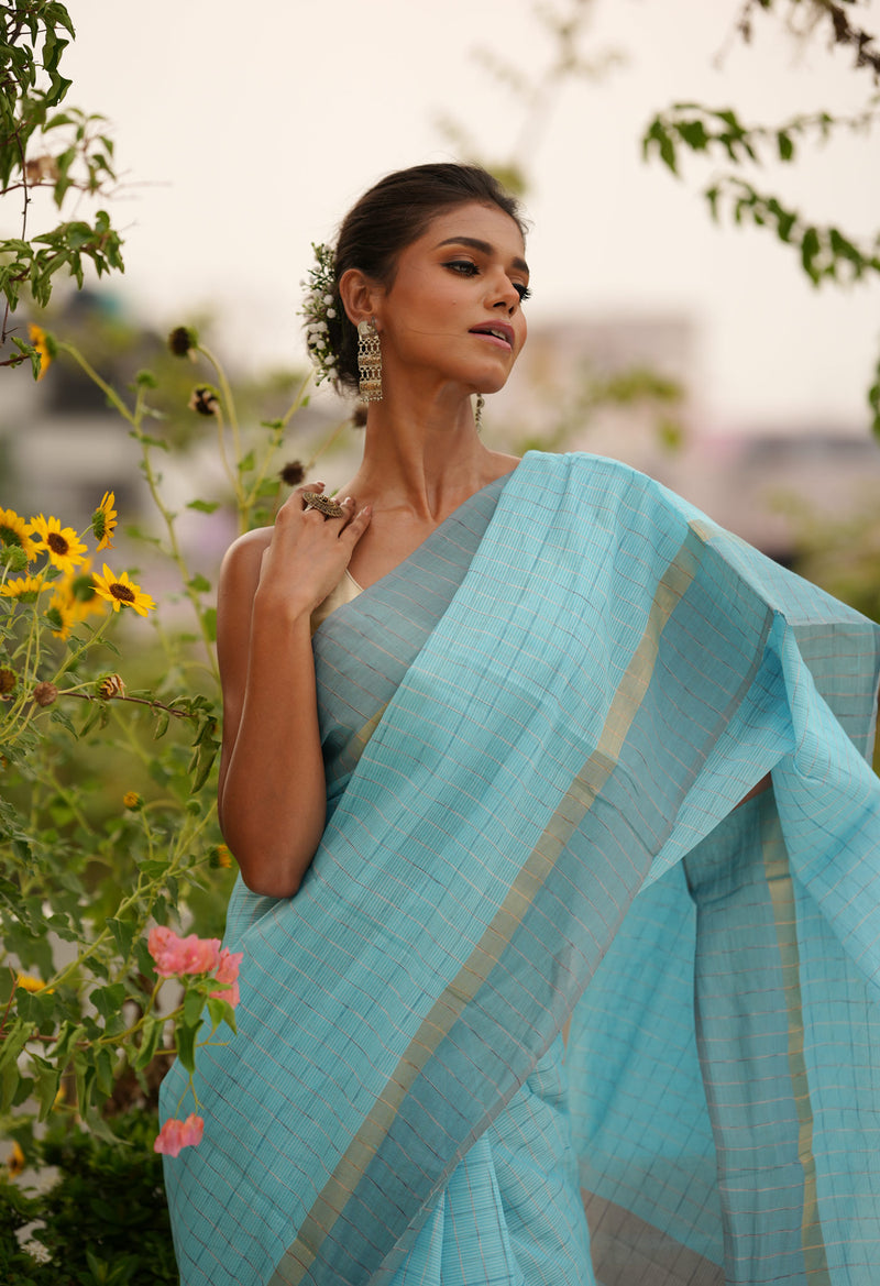 Blue Pure Handloom Mangalagiri Cotton Saree-UNM70971