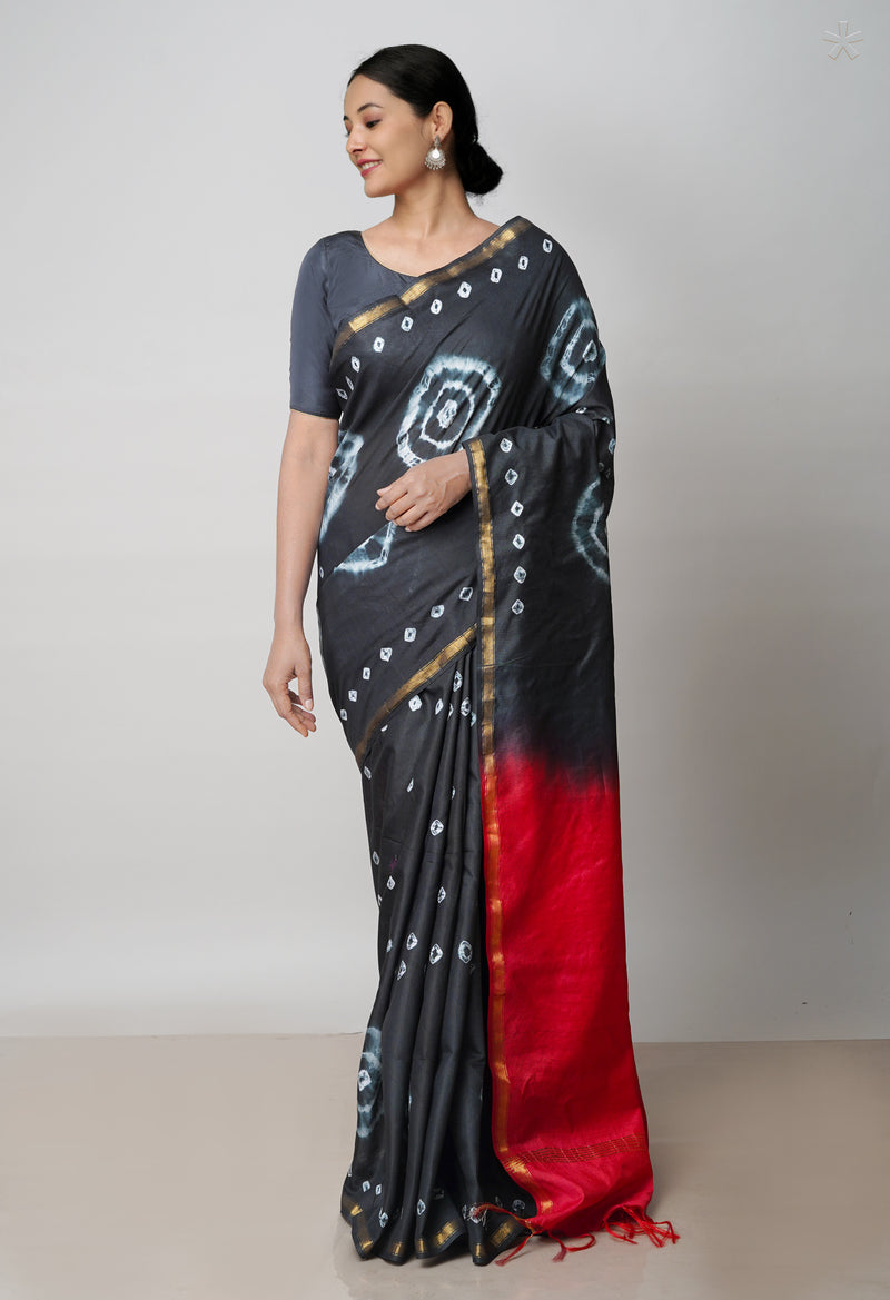 Black-Red  Batik Printed Chanderi Sico Saree-UNM71687