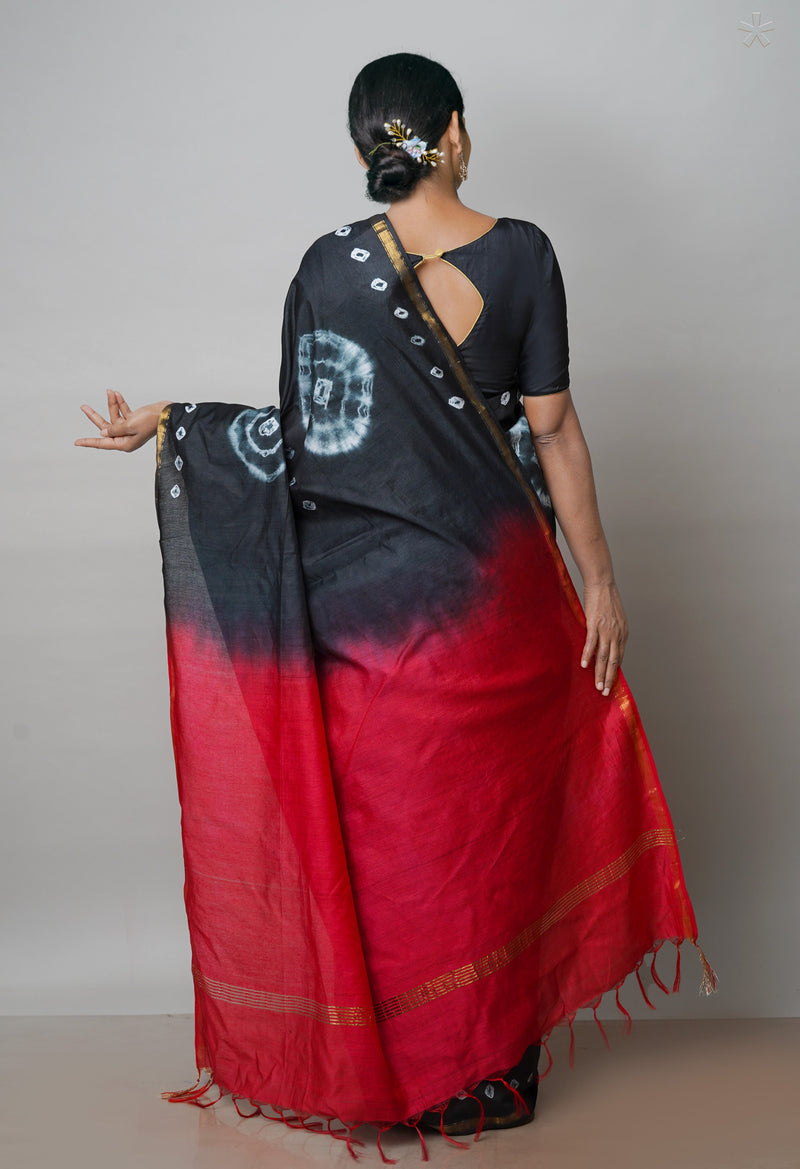 Black-Red  Batik Printed Chanderi Sico Saree-UNM71687