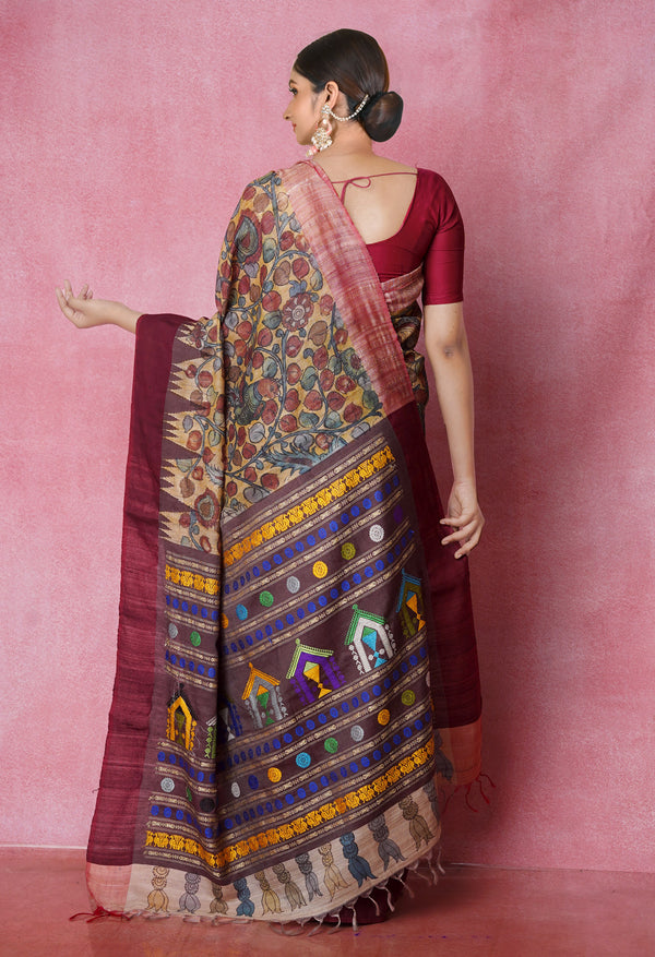 Cream Pure Handloom Pen Kalamkari Painting Gicha Tussar Jute Saree-UNM71763
