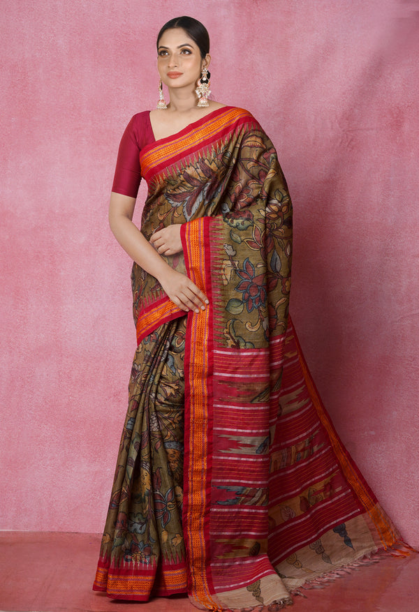 Green Pure Handloom Pen Kalamkari Painting Gicha Tussar Jute Saree-UNM71768