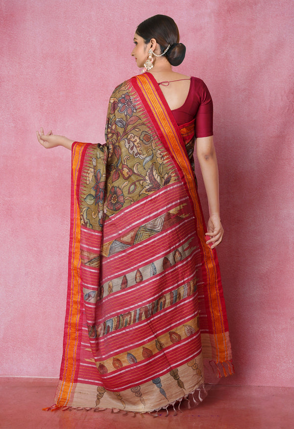 Green Pure Handloom Pen Kalamkari Painting Gicha Tussar Jute Saree-UNM71768