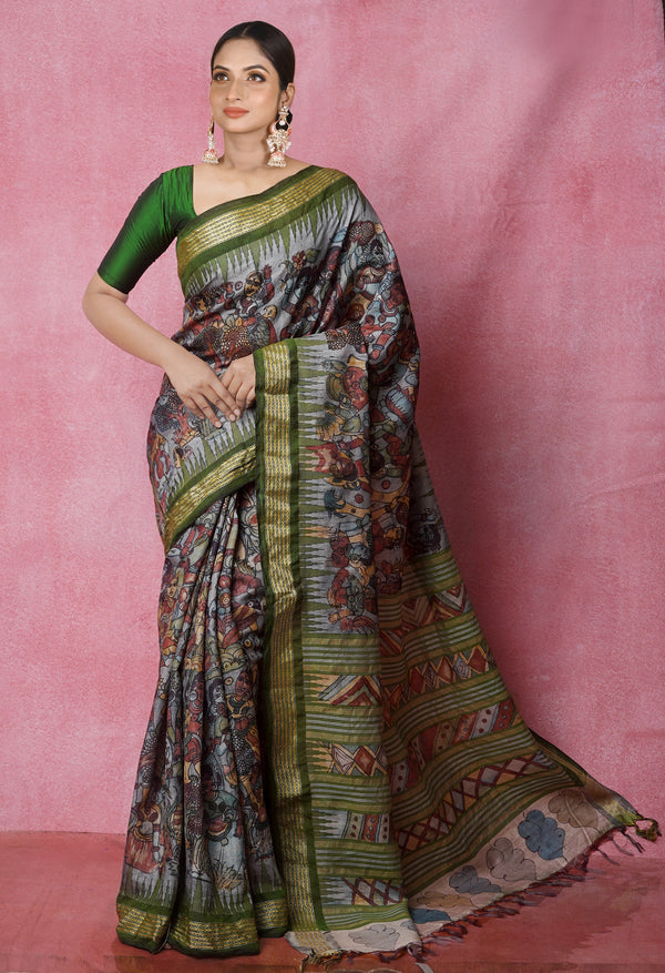 Grey Pure Handloom Pen Kalamkari Painting Gicha Tussar Jute Saree-UNM71771
