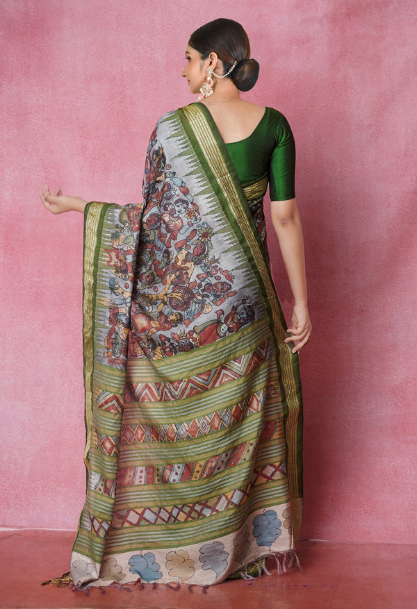 Grey Pure Handloom Pen Kalamkari Painting Gicha Tussar Jute Saree-UNM71771
