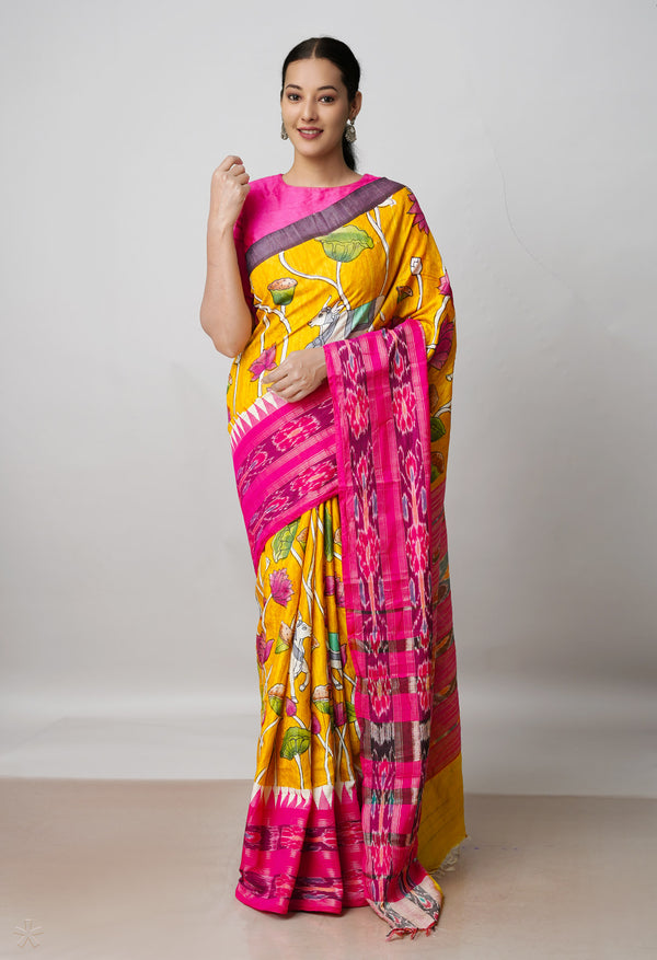 Yellow Pure Handloom Pen Kalamkari Painting Gicha Tussar Jute Saree-UNM71772
