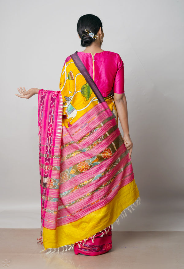 Yellow Pure Handloom Pen Kalamkari Painting Gicha Tussar Jute Saree-UNM71772
