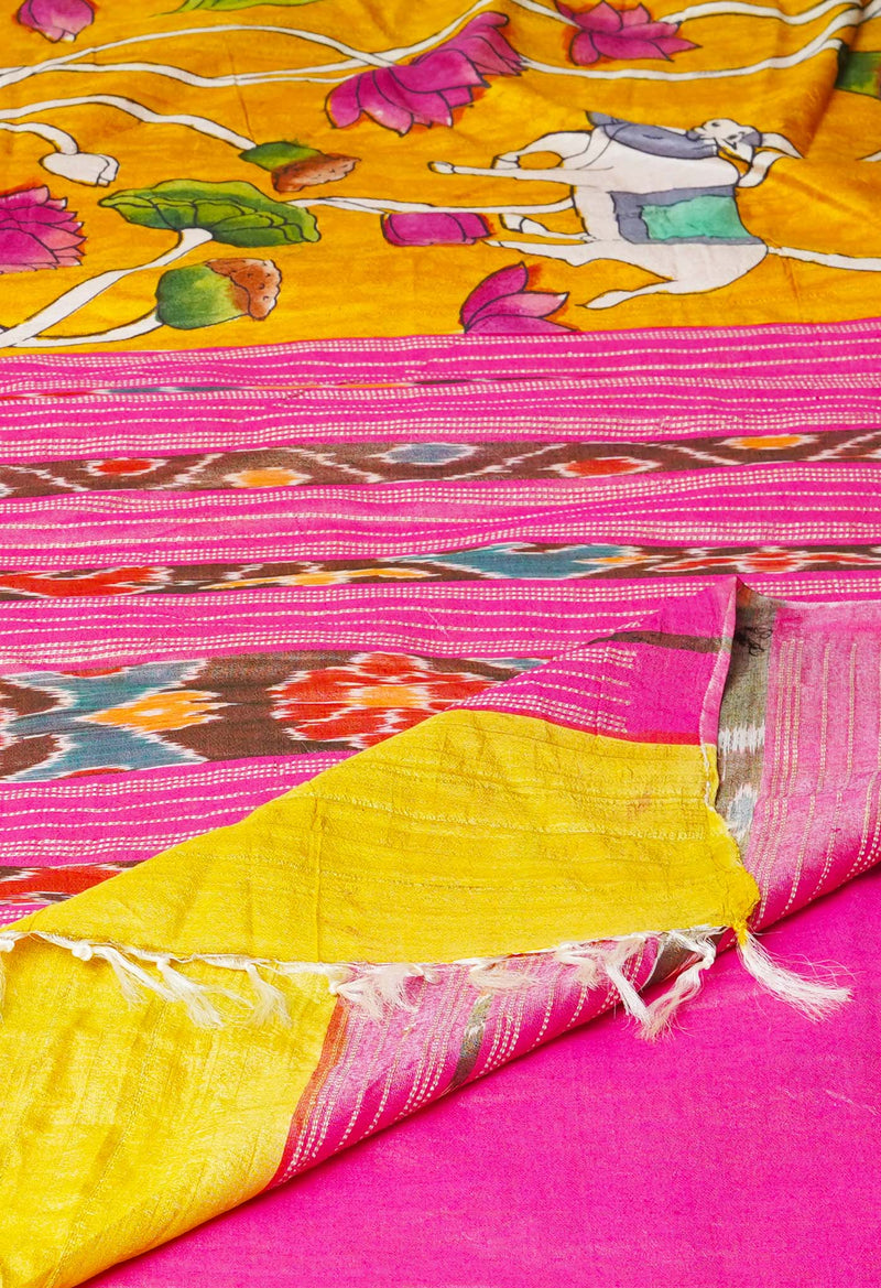 Yellow Pure Handloom Pen Kalamkari Painting Gicha Tussar Jute Saree-UNM71772